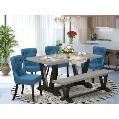HomeStock 6-Piece Natural Oak Finish Solid Wood Top dining Table with 1-Bench and 4-Chairs