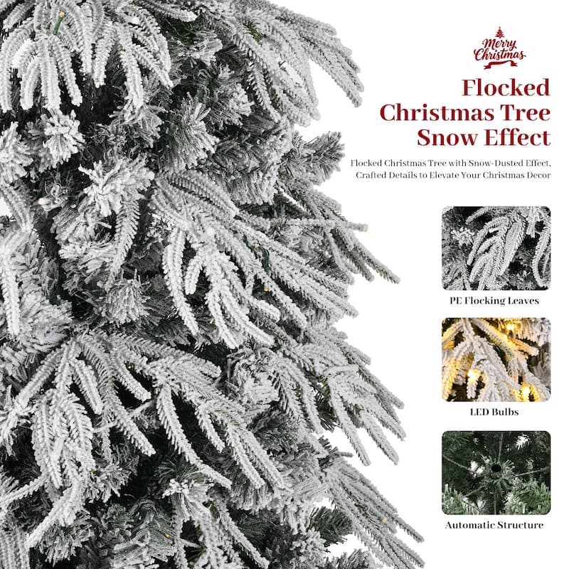 7ft/8ft Slim Flocked Pre-Lit Christmas Tree with 767/950 Tips and 250/350 Warm LED Lights, Metal Stand