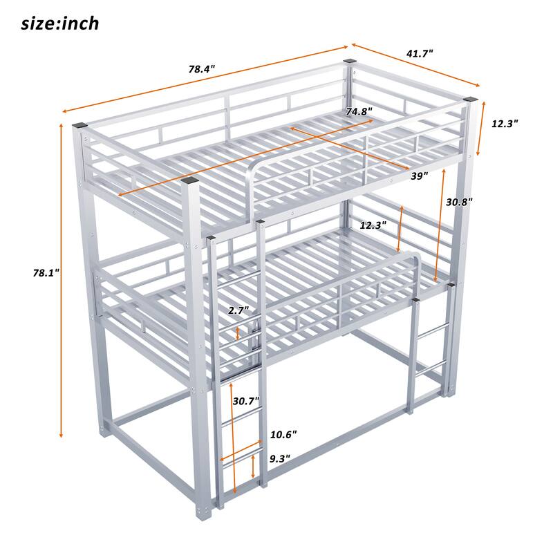 Silver Twin Size Metal Triple Bunk Bed with Ladder and Fence for Kids