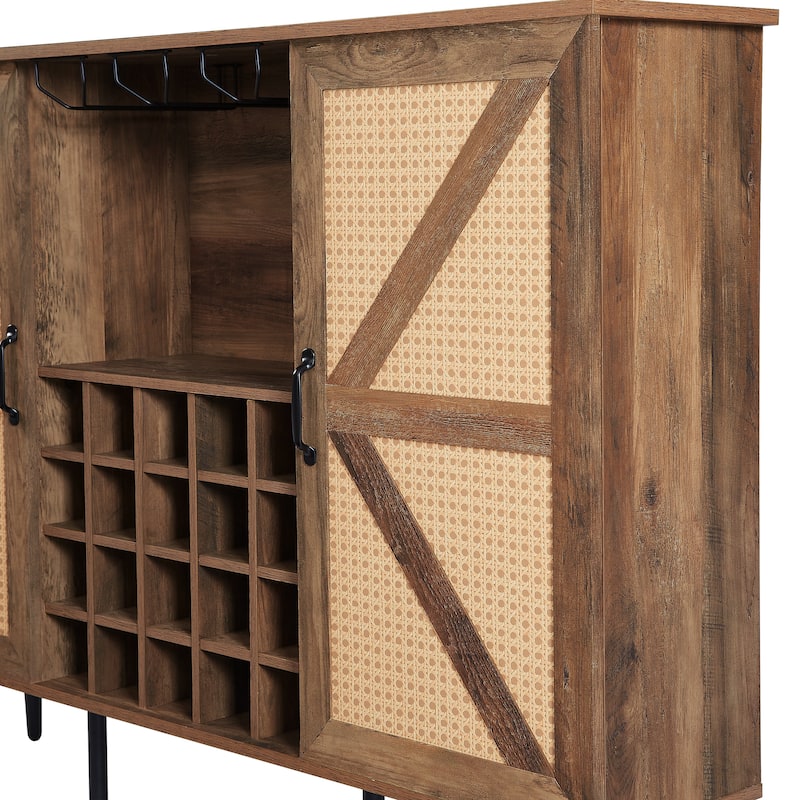 Faux Rattan Barn Door Wine Cabinet with Wine Rack and Wine Glass Rack, Double Door Design with Removable Shelves
