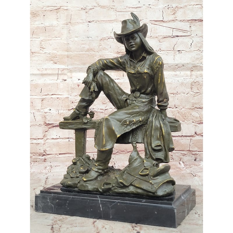 Bronze Cowgirl Sculpture – Western Lady On Fence Statue