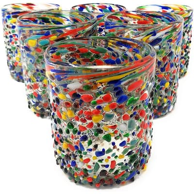 Dos Suenos Hand Blown Mexican Drinking Glasses - Set of 6 Confetti Rock Tumbler Glasses (10 oz each)
