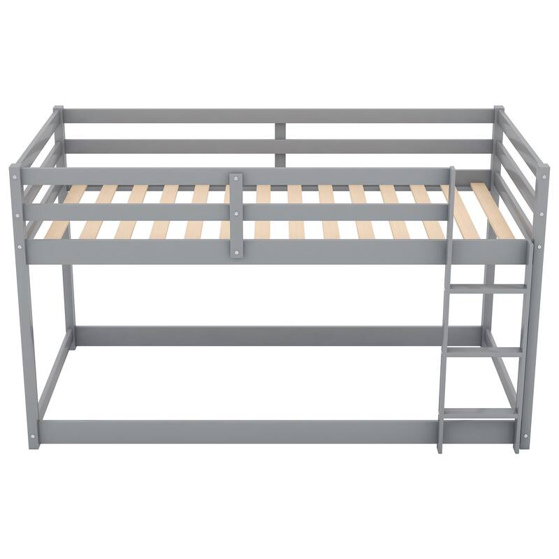 Twin Over Twin Floor Bunk Bed with Ladder, Gray - Solid Pine Wood, Low Design, Safety Guardrail