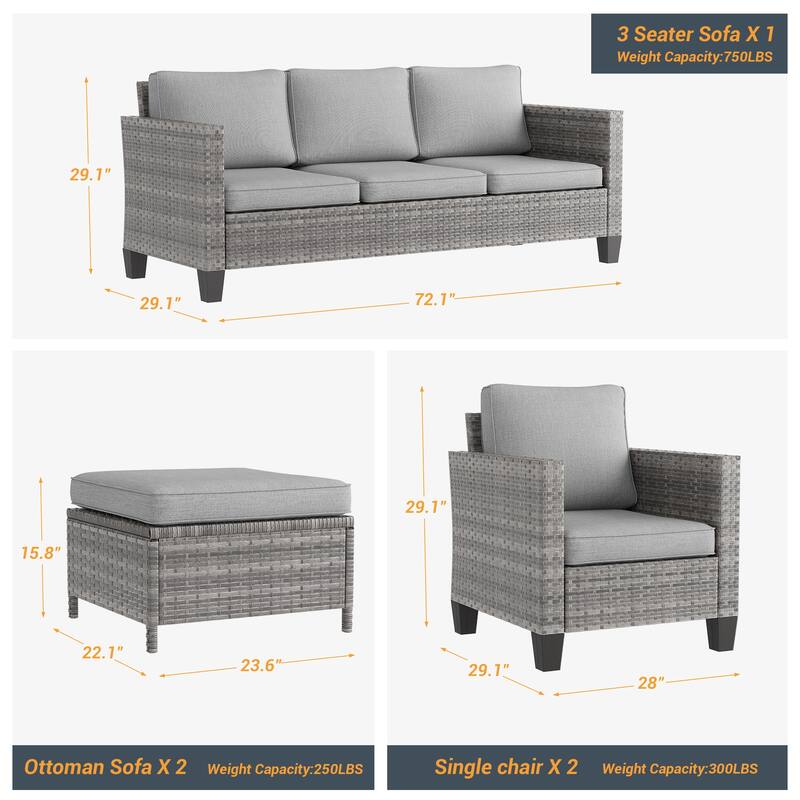 LIVOOSUN 5Pcs Patio Furniture Set Grey Rattan Coversation Seating Set