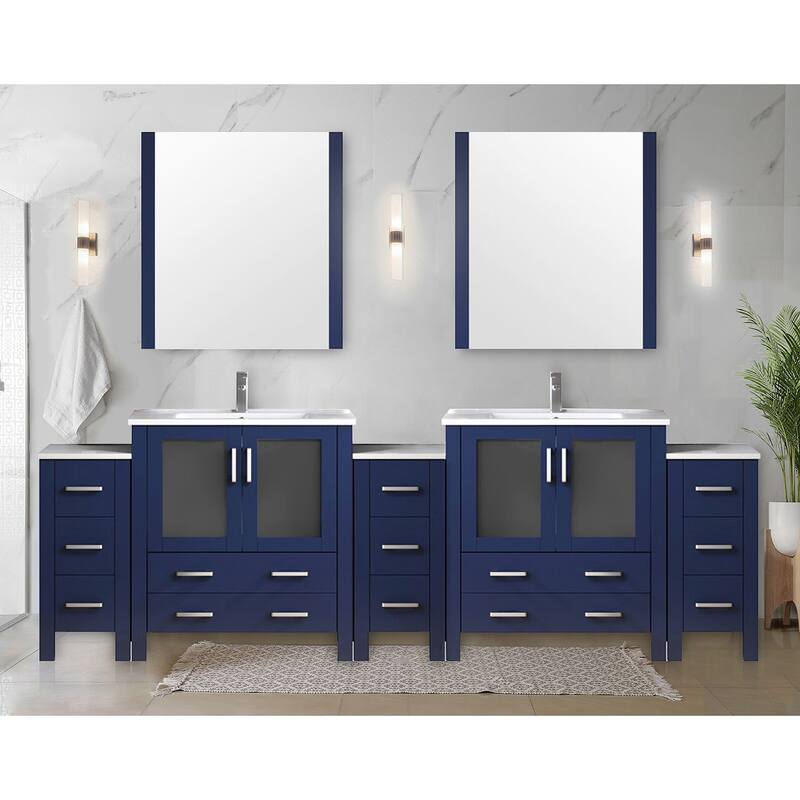 Volez Double Bath Vanity with Side Cabinets, White Ceramic Top, 34 in Mirrors and Faucet Set - 108
