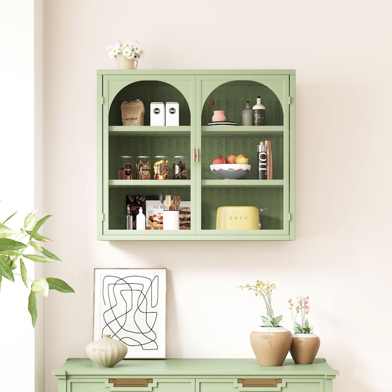 27.56"Glass Doors Modern Two-door Wall Cabinet with Featuring Three-tier Storage for Entryway,with Characteristic Woven Pattern
