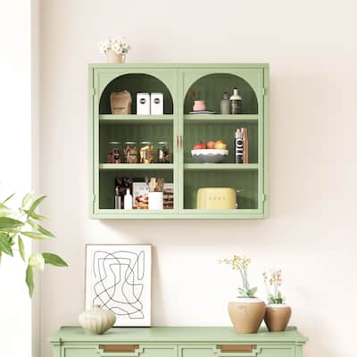 Two-door Wall Cabinet Buffet Sideboard with 3-tier Storage & Glass Door, Wall Storage Cabinet with Characteristic Woven Pattern