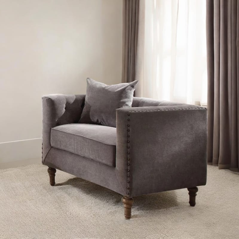 HomeRoots 41" Gray and Antiqued Brass Velvet Tufted Arm Chair And Toss Pillow - 41' X '31' X '34 - 41' X '31' X '34