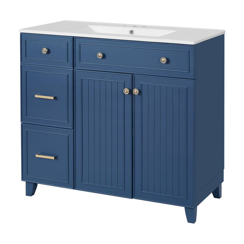 36" Bathroom Vanity with Ceramic Sink, Soft-Close Doors, Double Drawers & Adjustable Shelves - Freestanding Storage Cabinet