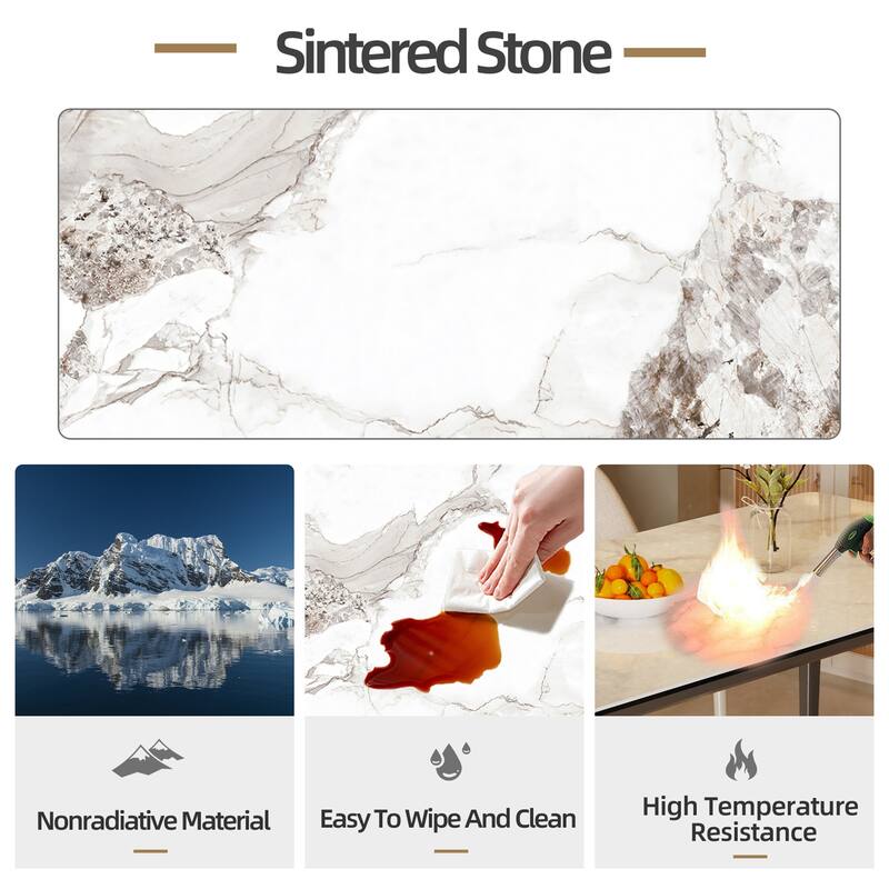 Large Kitchen Dining Table Sintered Stone Marble Tabletop and Tempered Glass Top Indoor Outdoor