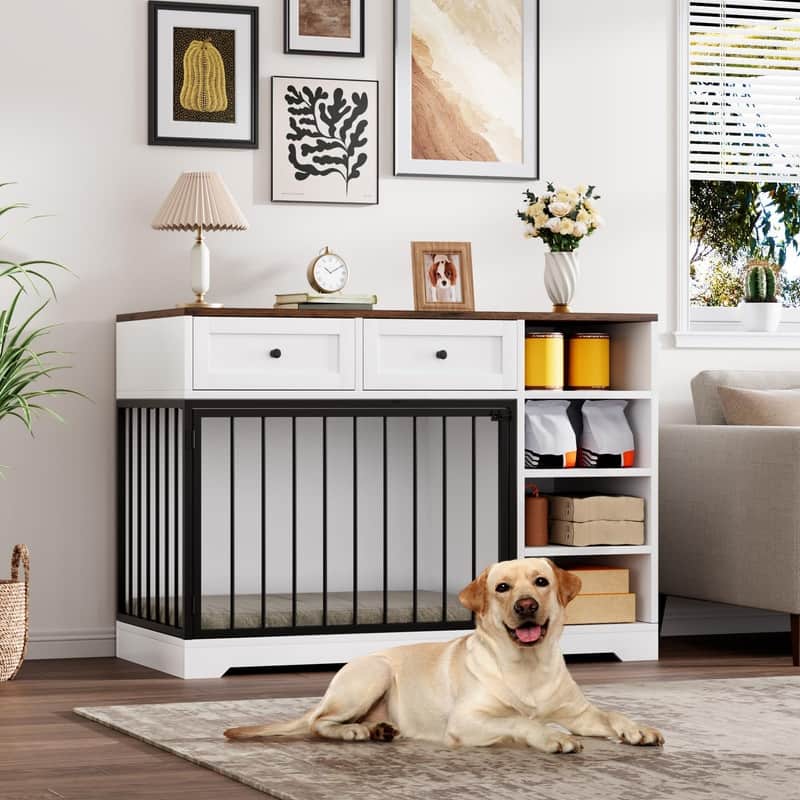 Wooden Dog Cage Furniture Indoor Crate Kennel TV Stand with Drawers Shelves