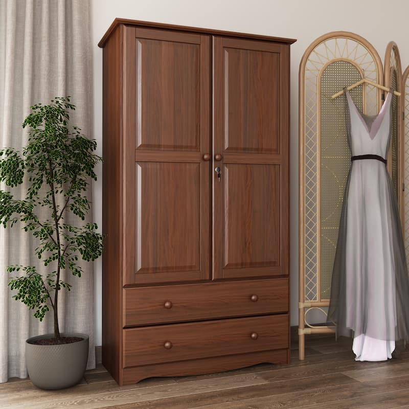 Palace Imports 100% Solid Wood Smart Wardrobe Armoire with 2 Drawers, Metal or Wooden Knobs - Mocha