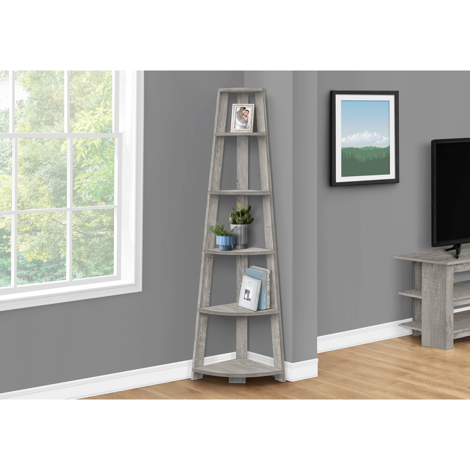 71-Inch High 4-Shelf Bookcase with Floating Style Shelves in Black and Walnut Finish for Modern Display - 16