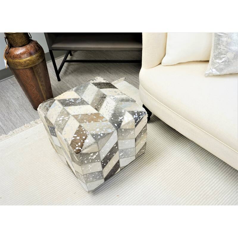 Home&Manor Silver Leather Square Cube Pouf