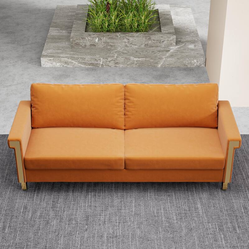 2-Seat Velvet Sofa with Flared Arms and Gold Metal Accents, Mid-Century Modern for Living Room - Orange