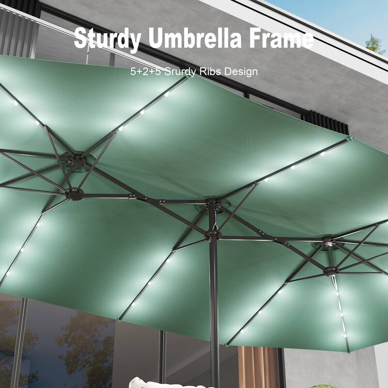 15ft Solar LED Double Patio Umbrella with Base, Extra Large Twin Outdoor Market Umbrella with 36 Lights, 180g Polyester Canopy