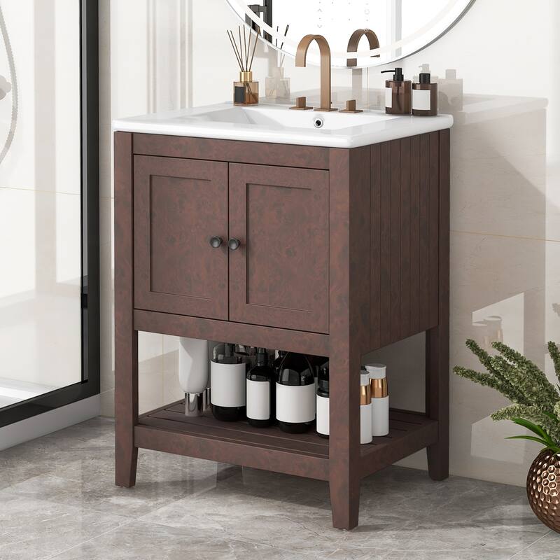 Bathroom Vanity Floor Storage Cabinet with Drop-In Sink and Open Shelf - Brown