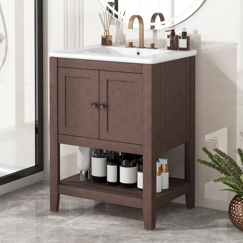 GDFStudio - Genevieve 24" Modern Bathroom Vanity with Ceramic Sink and Solid Wood Frame, Open Shelf Design