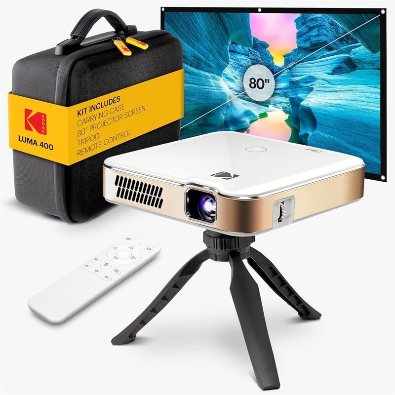 Kodak Luma 400 Smart Projector, HD Portable Pico Projector with 80" Screen, Remote, Tripod & Case - White