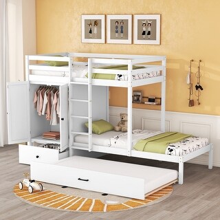 White Twin-Over-Twin Pine Bunk Bed with Wardrobe, Drawers, Shelves, Guardrail