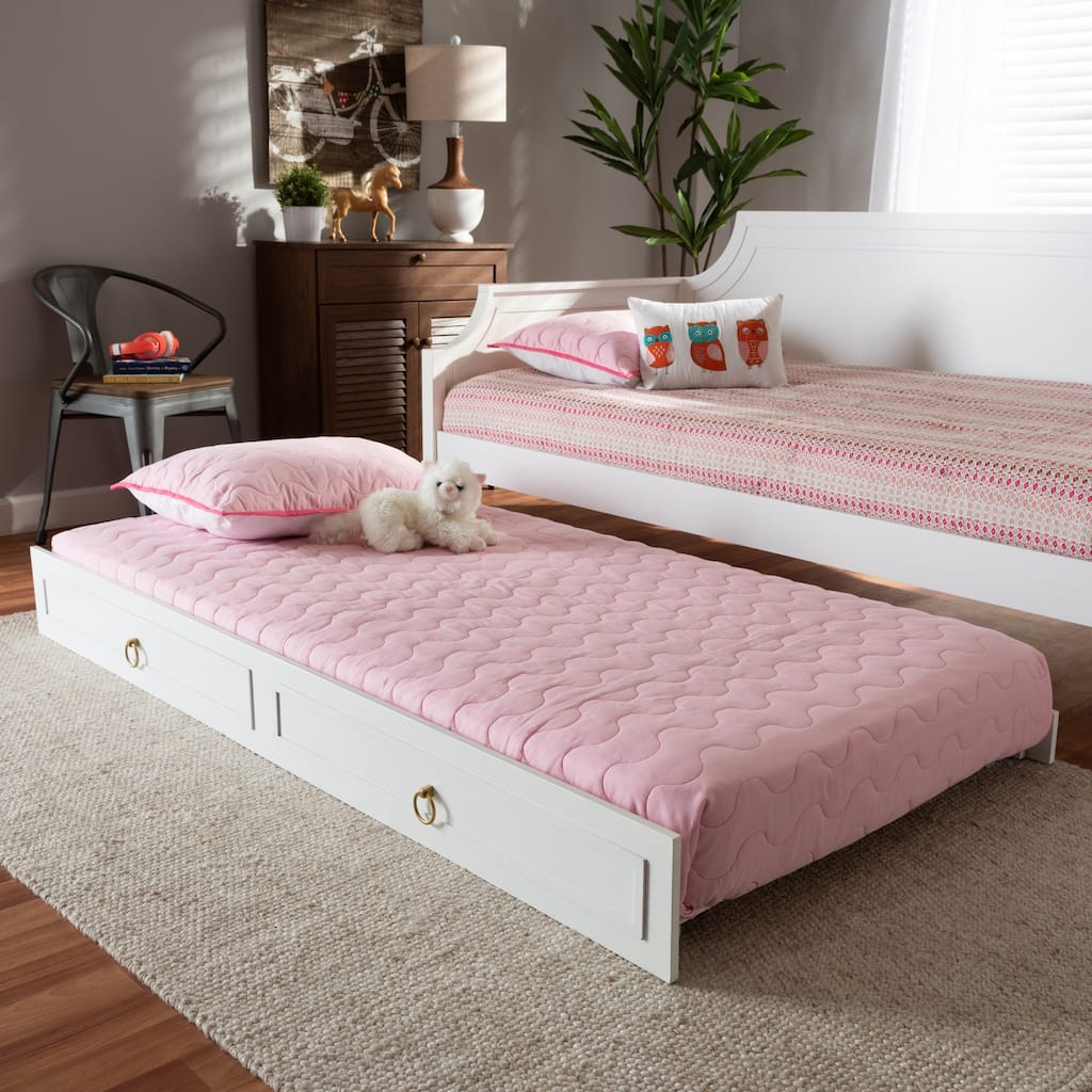 Twin Trundle Bed with Wheels, White Finish, Traditional Style, Fits Under a Twin Bed Frame, Space-Saving