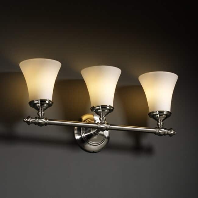 Justice Design Fusion Tradition 3-light Brushed Nickel Bath Bar, Opal Round Flared Shade - 3-light Opal Round Brushed Nickel Bath Bar