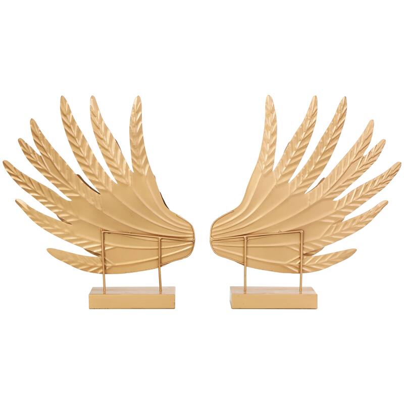 Gold Metal Wing Bird Decorative Sculpture with Gold Foil Accents and Stands (Set of 2)
