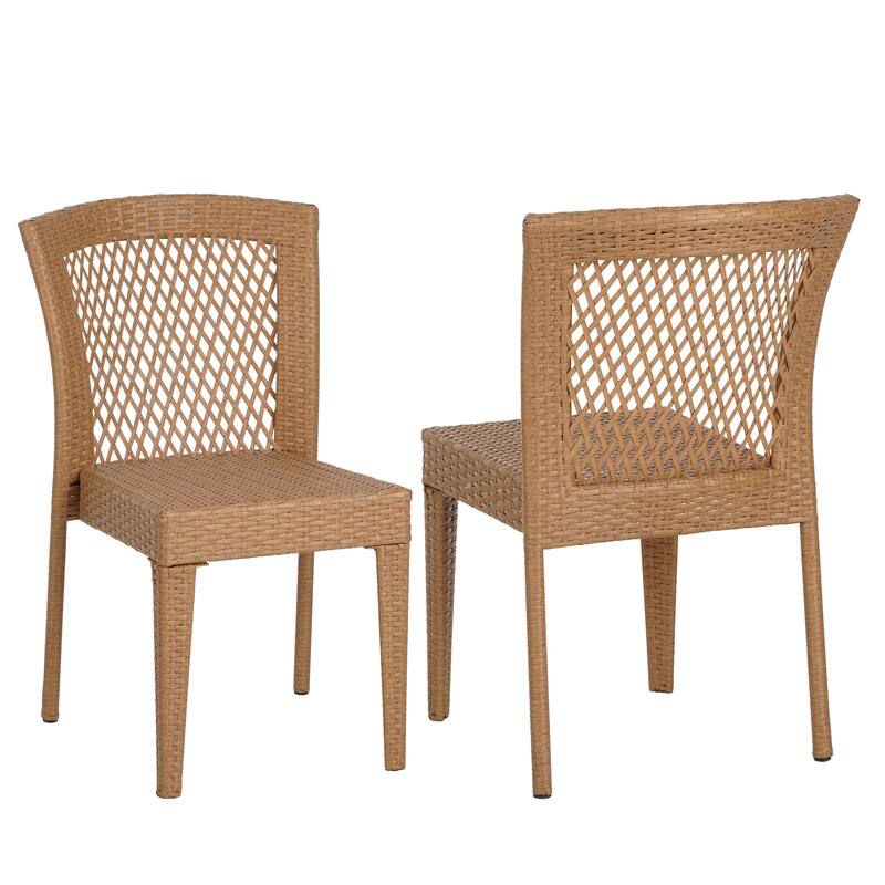 Roomfitters Set of 2 Stackable Outdoor Dining Chairs, Diamond-Mesh PE Wicker with Iron Frame