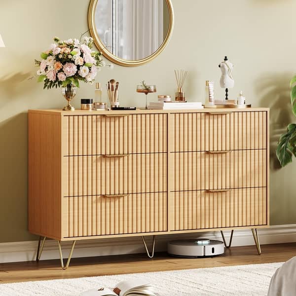 modern fluted dresser Dimitrios Oak a faux marble tabletop Davison 4-Drawer Fluted Warm Oak