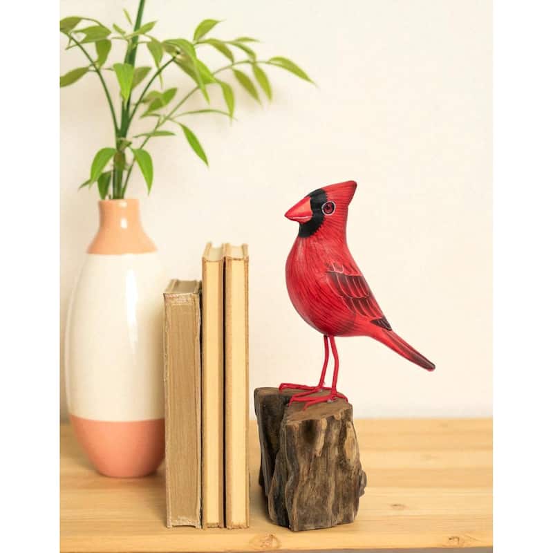 Wood Cardinal Bird Figurine - Hand Carved Red Songbird Sculpture, Rustic Wildlife Decor - 7.5" tall x 3.5" wide x 3" deep