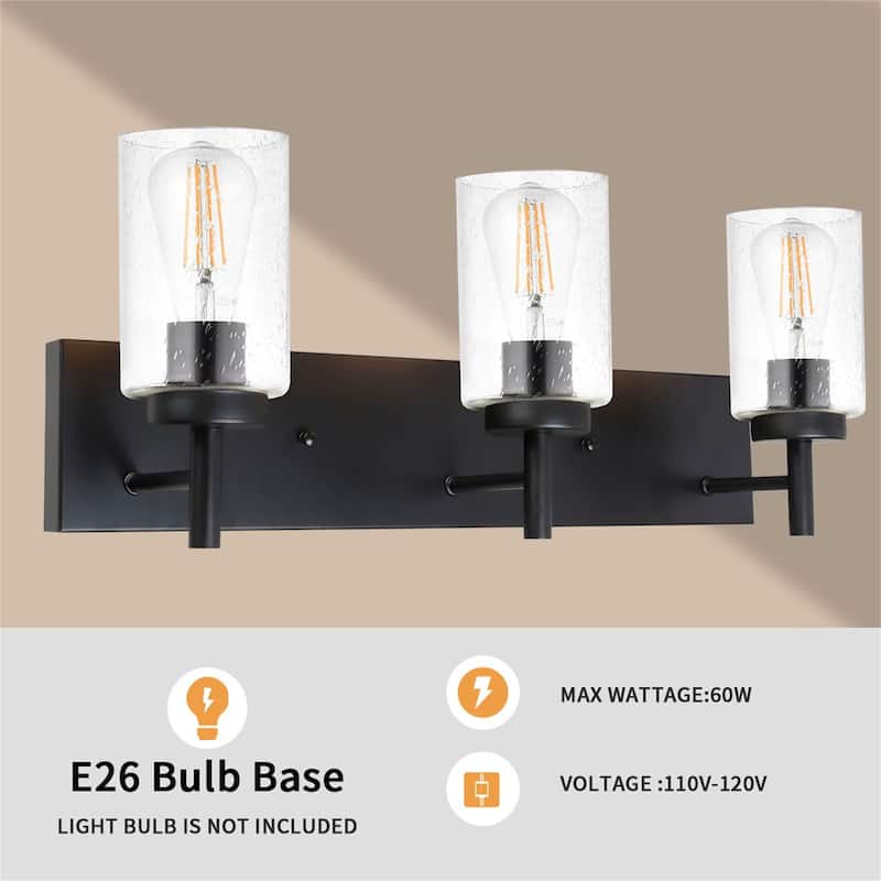 3-Light Black Vanity Light with Seeded Glass Shades