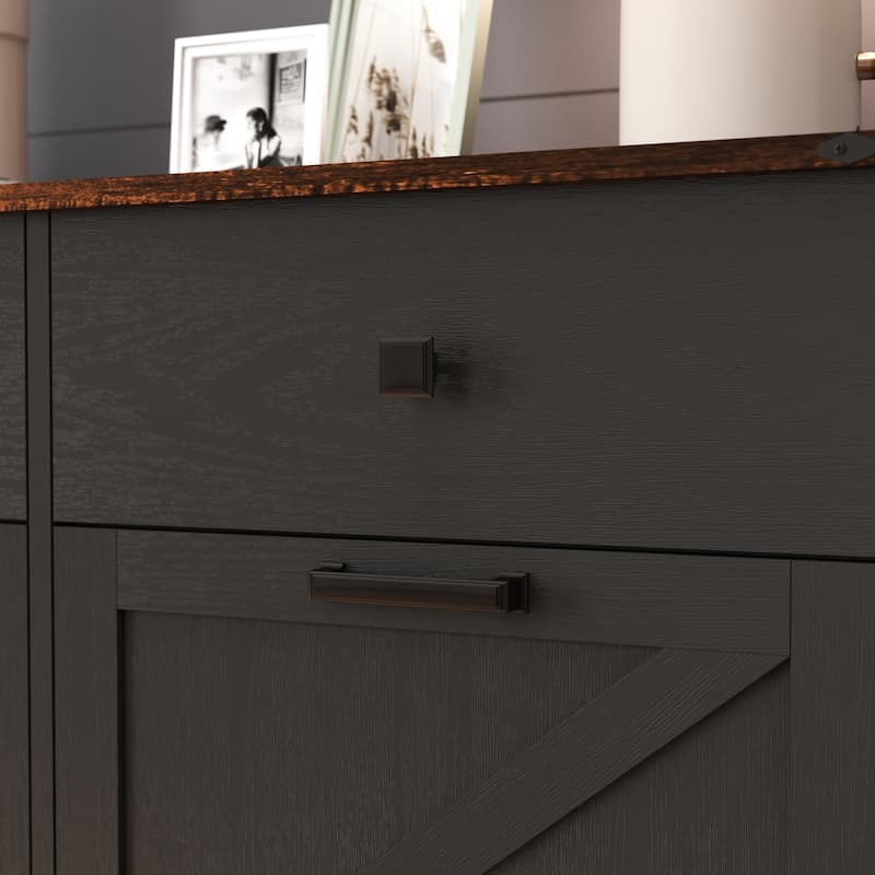 Farmhouse Double Tilt Out Trash Cabinet, Free Standing Recycling Cabinet with Hideaway Drawer, Barn Door Laundry Sorter Cabinet