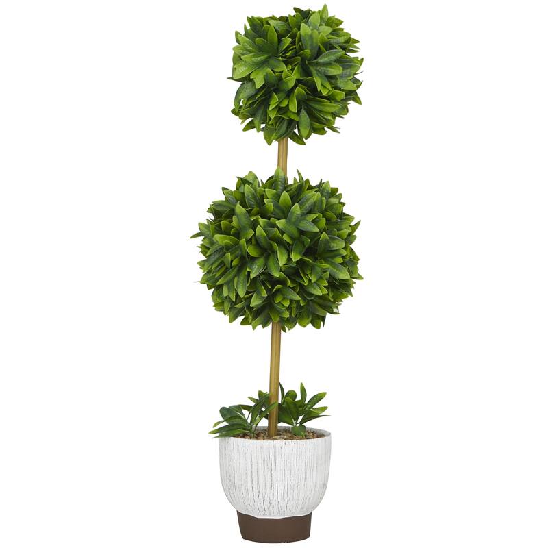 Faux Foliage Boxwood Ball Topiary with Realistic Leaves and White Cement Pot - Green - Roche River Decor