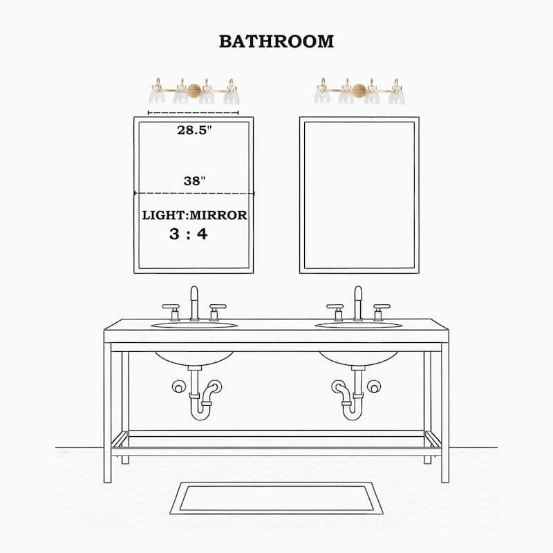 4-Light Mid-Century Modern Linear Gold Bathroom Vanity Light Glass Wall Sconces - 28.5" L x 9" W x 8" H