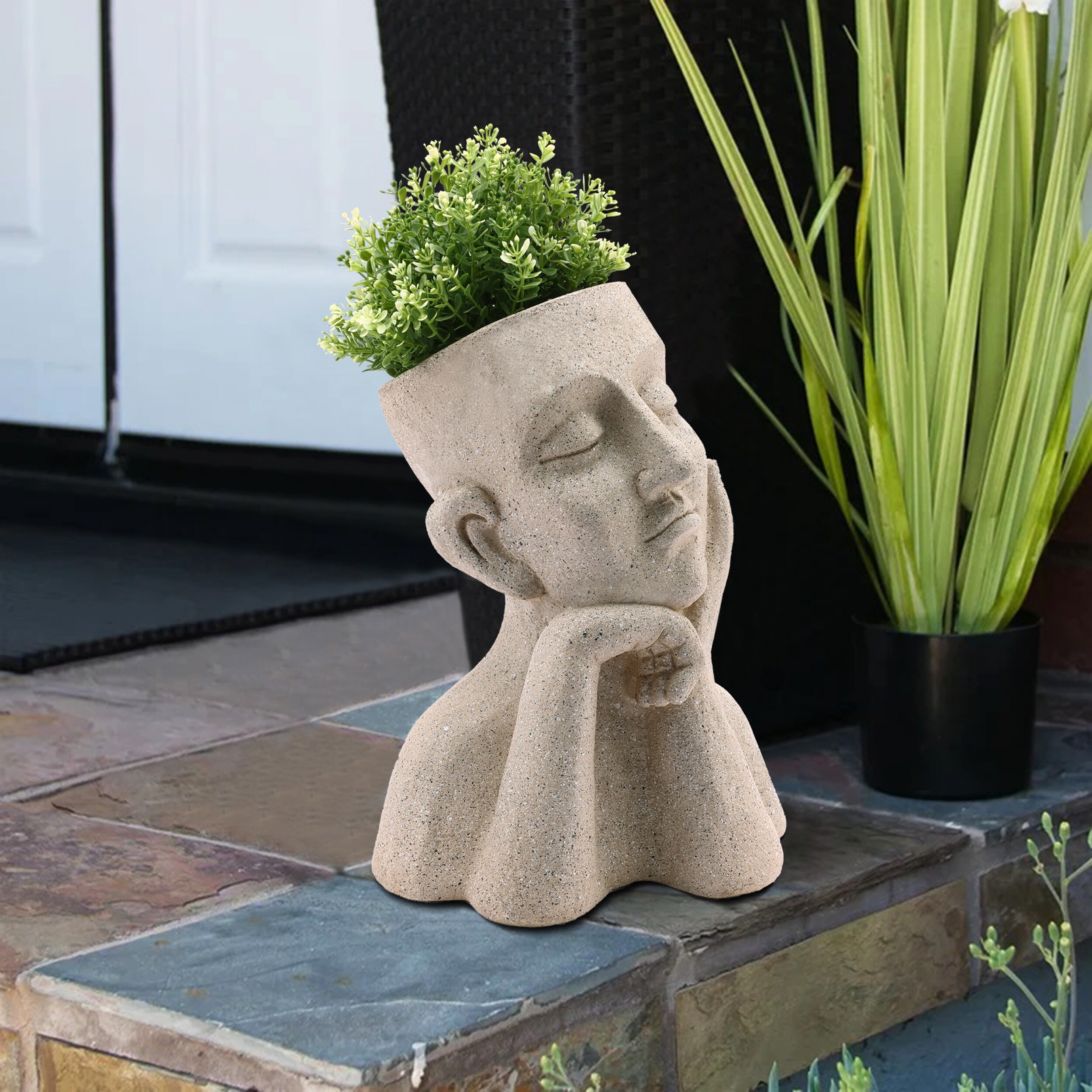 Speckled Beige Thoughtful Bust Head MgO Indoor/ Outdoor