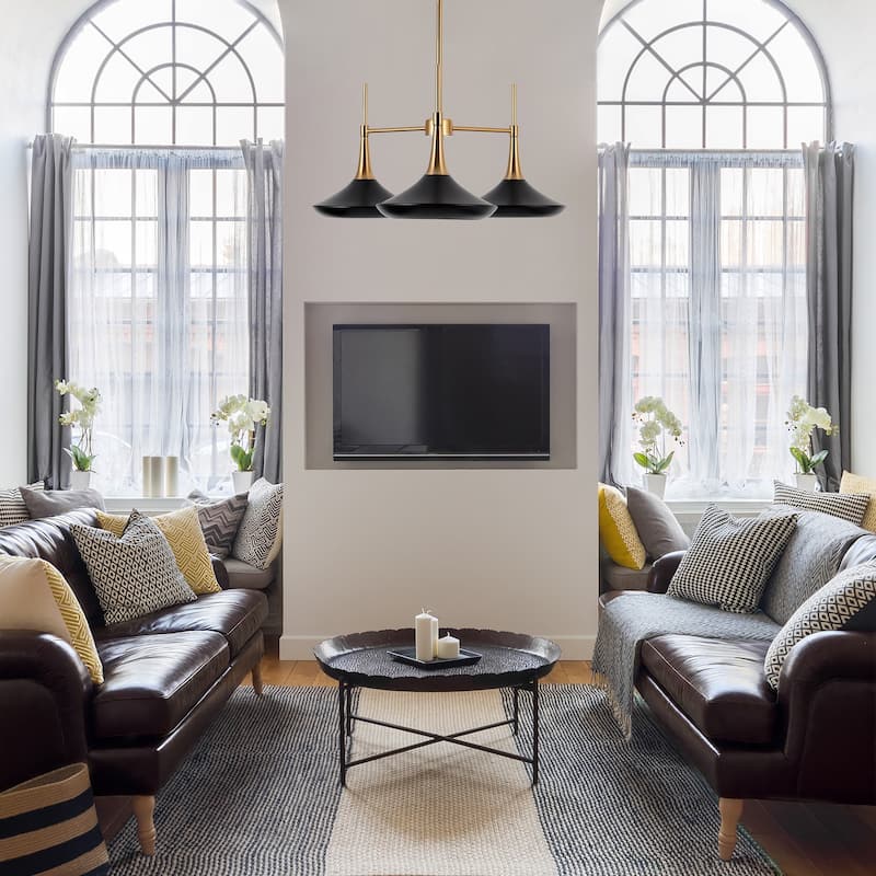 Conia Modern 3-Light Wheel Chandelier Black Gold Pendant Lights for Dining Room - 25.2" D x 11.8" H