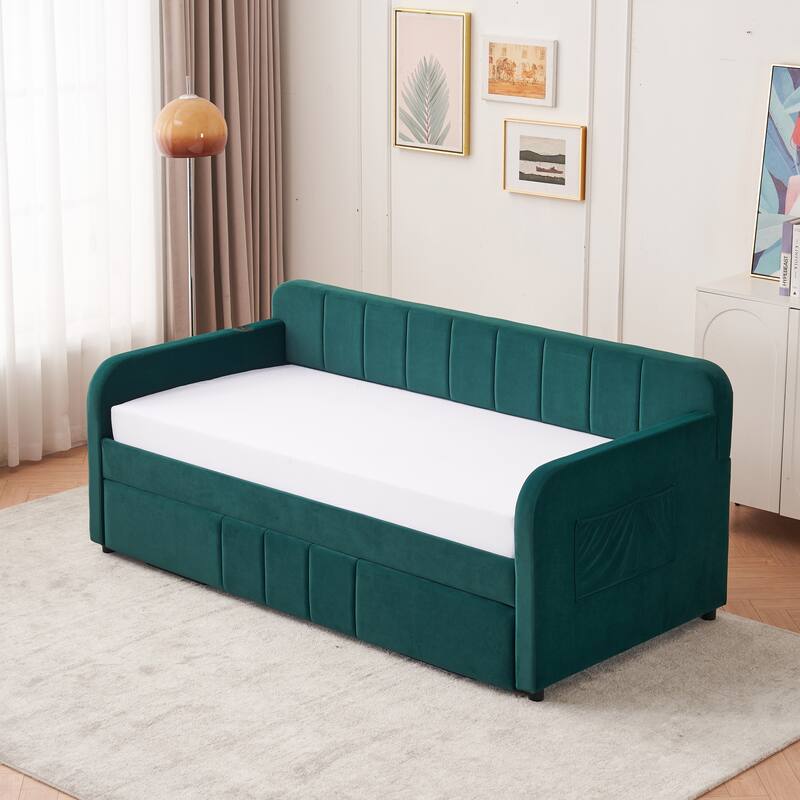 Twin Size Velvet Upholstered Daybed, Wood Sofa Bed Frame Daybed Couch with Trundle Bed and Wood Slat