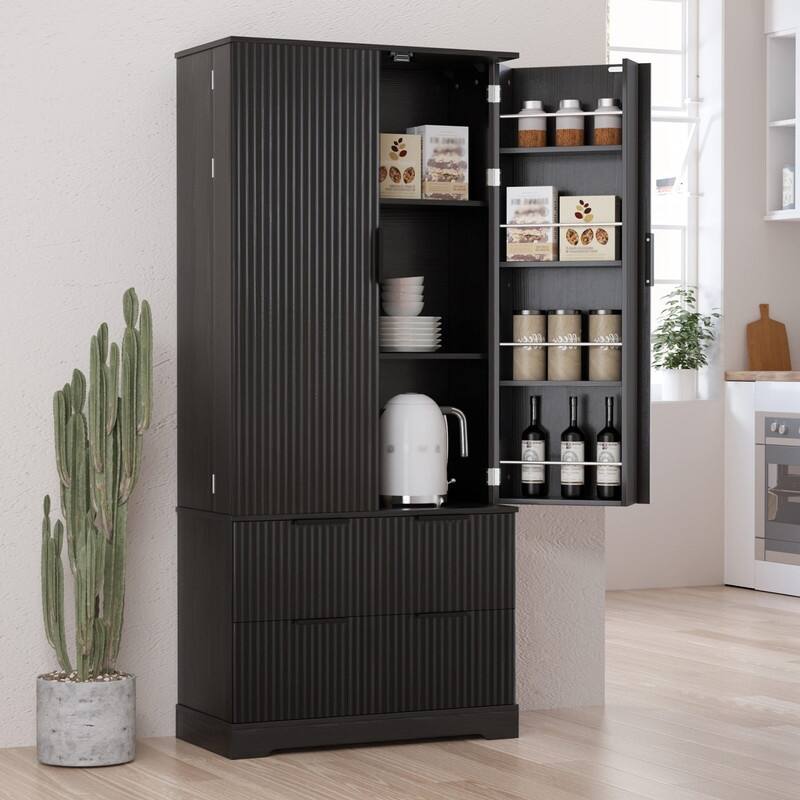 72" Fluted Kitchen Pantry Cabinet, Freestanding Cupboard Storage Cabinet with 2 Drawers for Smart Organization