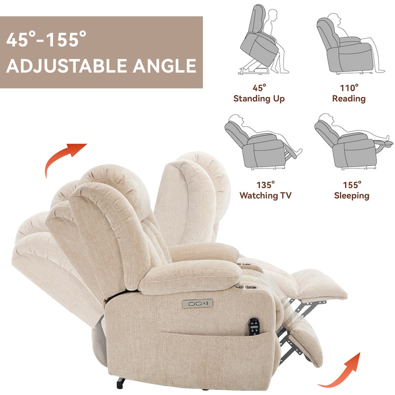 Chenille Power Lift Recliner wMassage, Heat, USB, Type-C, Cup Holders