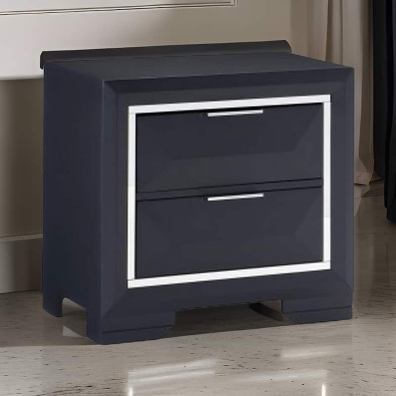Rosy 27 Inch Nightstand, 2 Drawers, Chrome Accents, Midnight Blue Wood