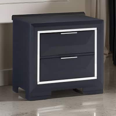 Rosy 27 Inch Nightstand, 2 Drawers, Chrome Accents, Midnight Blue Wood