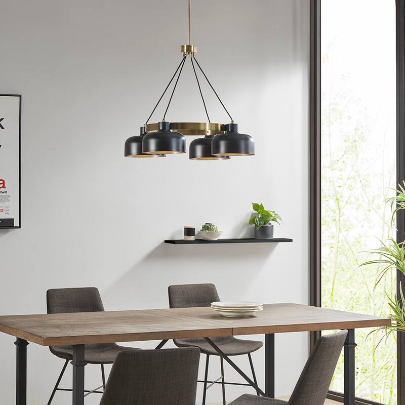 4-Light Metal Shade Chandelier - Black+Gold