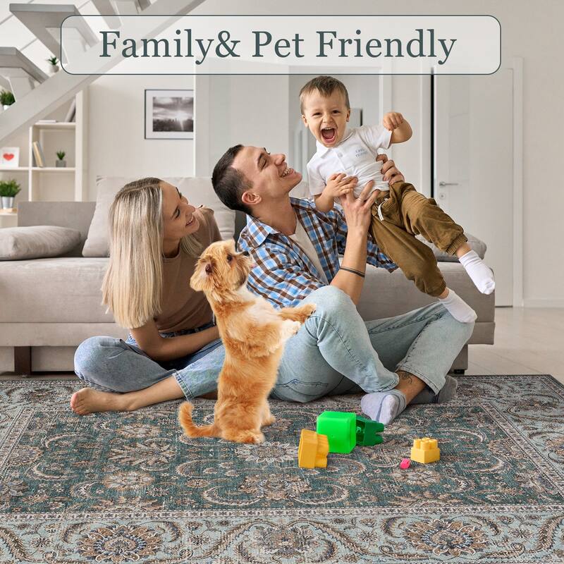 Washable Area Rugs for Living Room Stain Resistant Carpet Vintage Rugs Bedroom Low Pile Non Slip Accent Carpet
