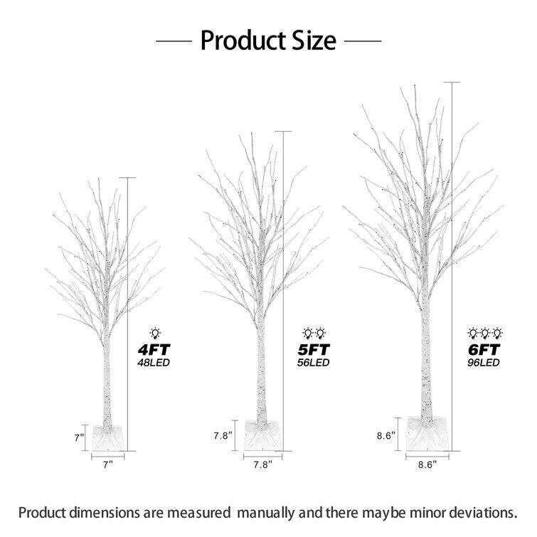 3 Piece Lighted Trees and Branches Set, Christmas Holiday Party Decorations Pre-Lit White Birch Tree LED Lighted Trees