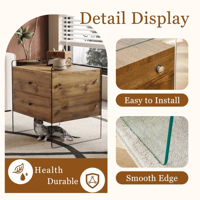 17.7" Modern Square Coffee Table with 2 Drawers and Tempered Glass Legs for Living Room