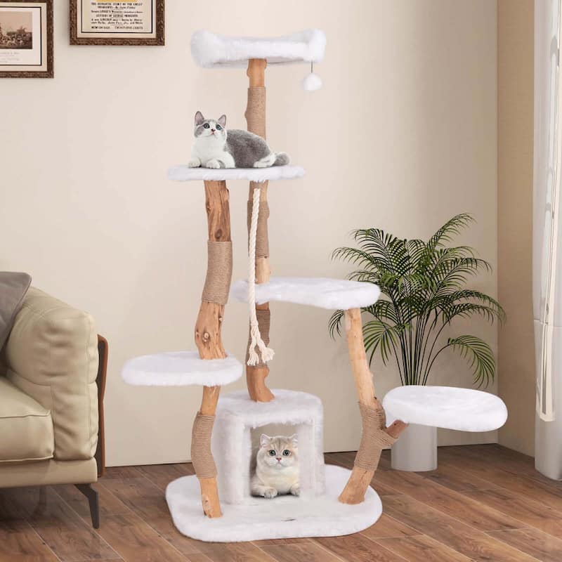 Costway 66" Tall Solid Wood Cat Tree with Perch Condo Jute Scratching - See Details