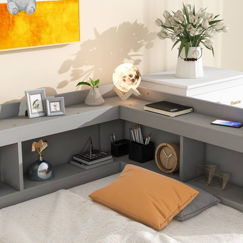 Pine Platform Bed with 2 Drawers & L-shaped Bookcases