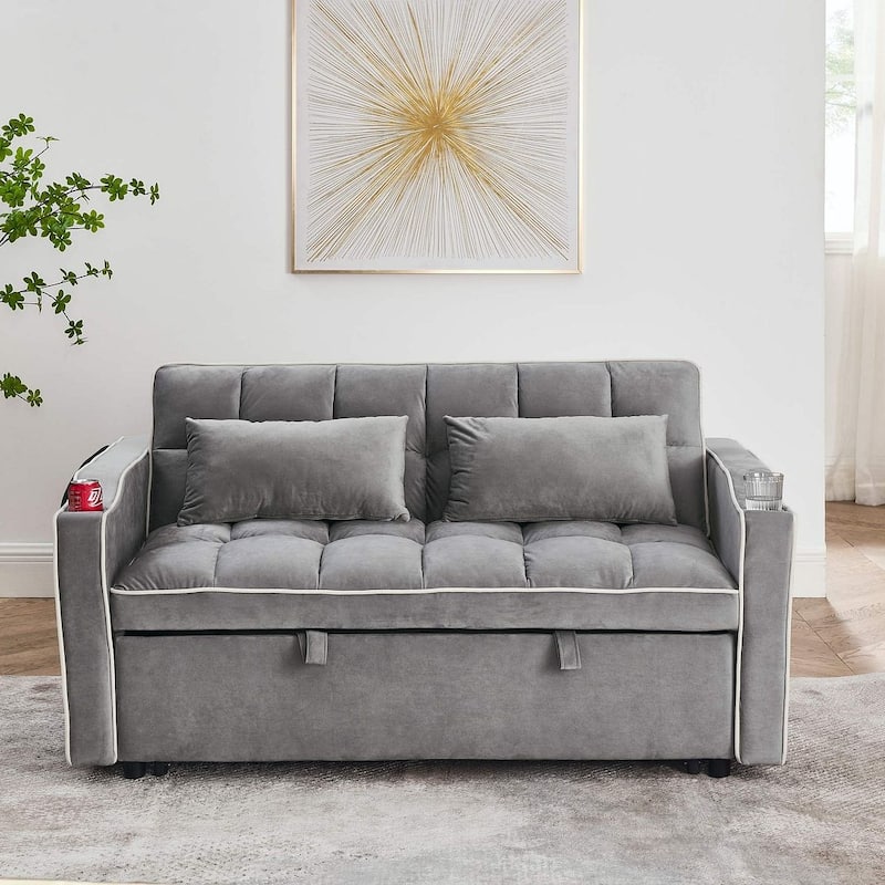 55.51'' Modern Versatile Foldable Sofa Bed With Adjustable Back and USB Port and Ashtray and Swivel Phone Stand