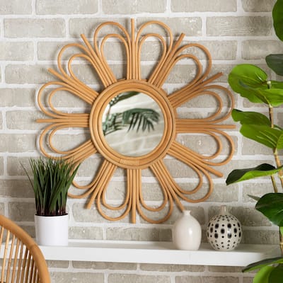Sakura Modern Bohemian Natural Rattan Accent Wall Mirror - Natural Brown