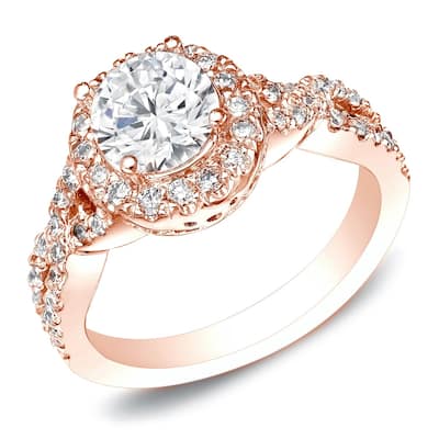 Auriya 14k Rose Gold 1ctw Twisted Round Halo Diamond Engagement Ring